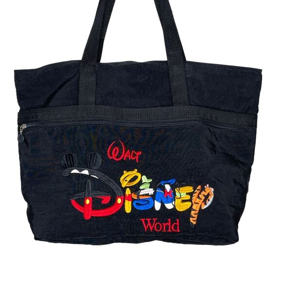 Vintage Walt Disney World Embroidered Black Travel Tote Bag Shoulder large EUC - Picture 1 of 6